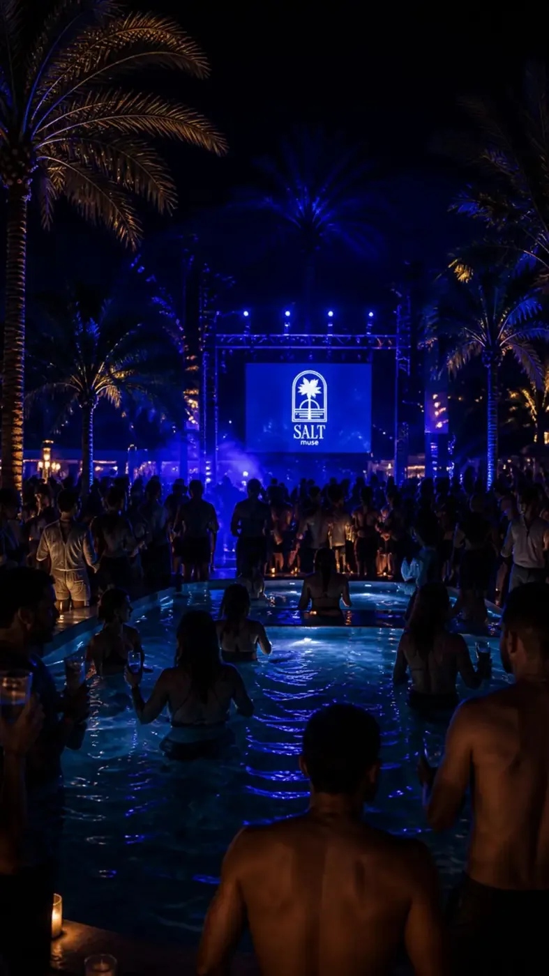 Night pool party under palm trees with the Salt Muse logo on the stage screen