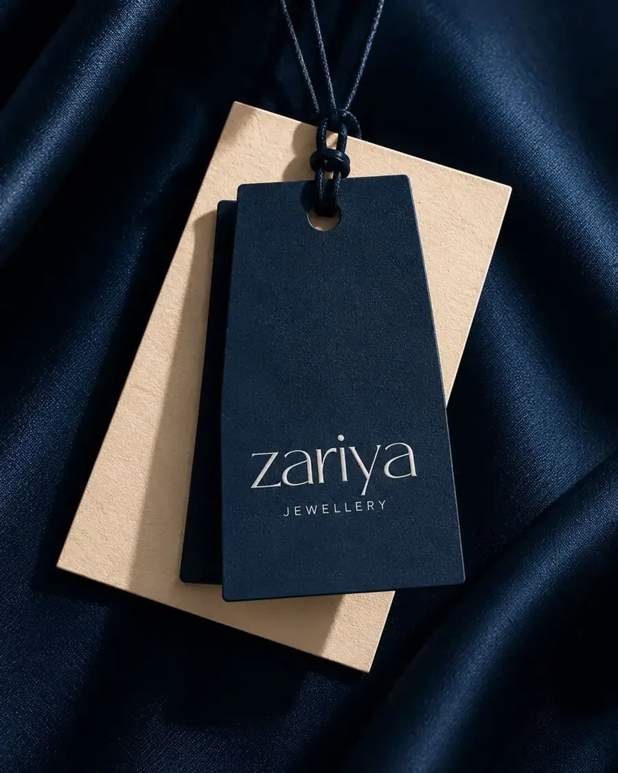 Navy Zariya product tag layered over a sand-coloured card