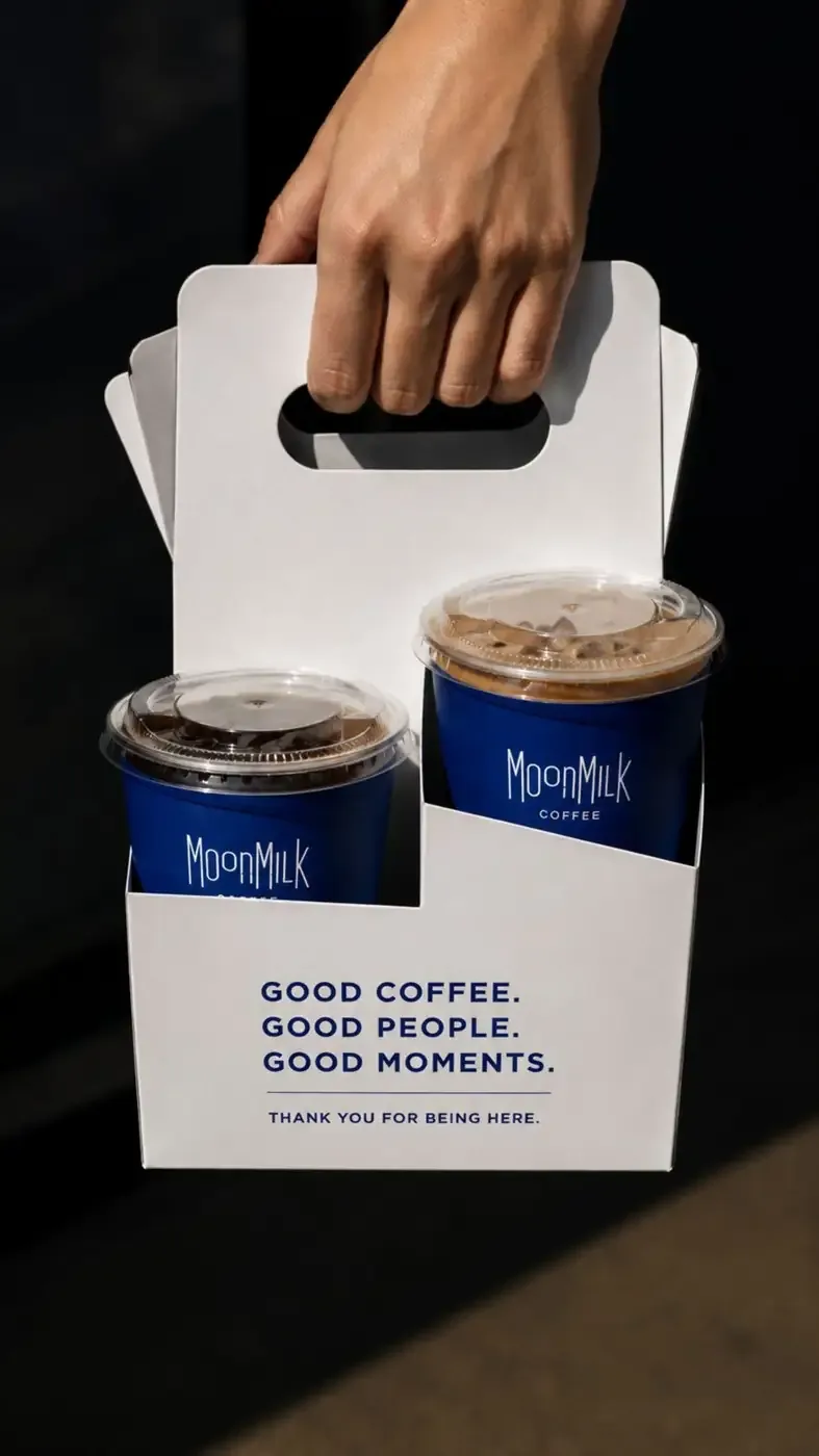 White MoonMilk cup carrier with two iced coffees and the line Good Coffee. Good People. Good Moments.