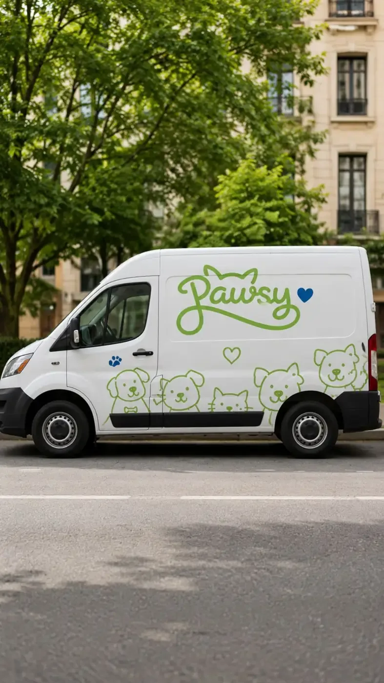 White Pawsy delivery van with lime green logo and line-art pets