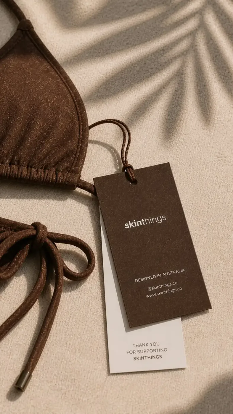 Skinthings chocolate and cream hangtags on a textured bikini