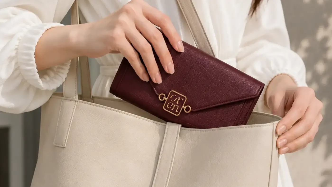 Burgundy Oren wallet being placed into a cream tote bag