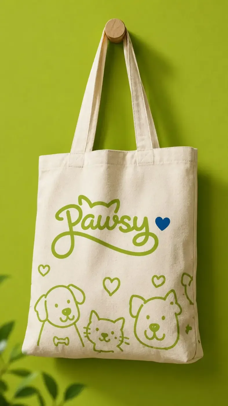 Cream canvas Pawsy tote bag with lime green logo and pet doodles on a green wall