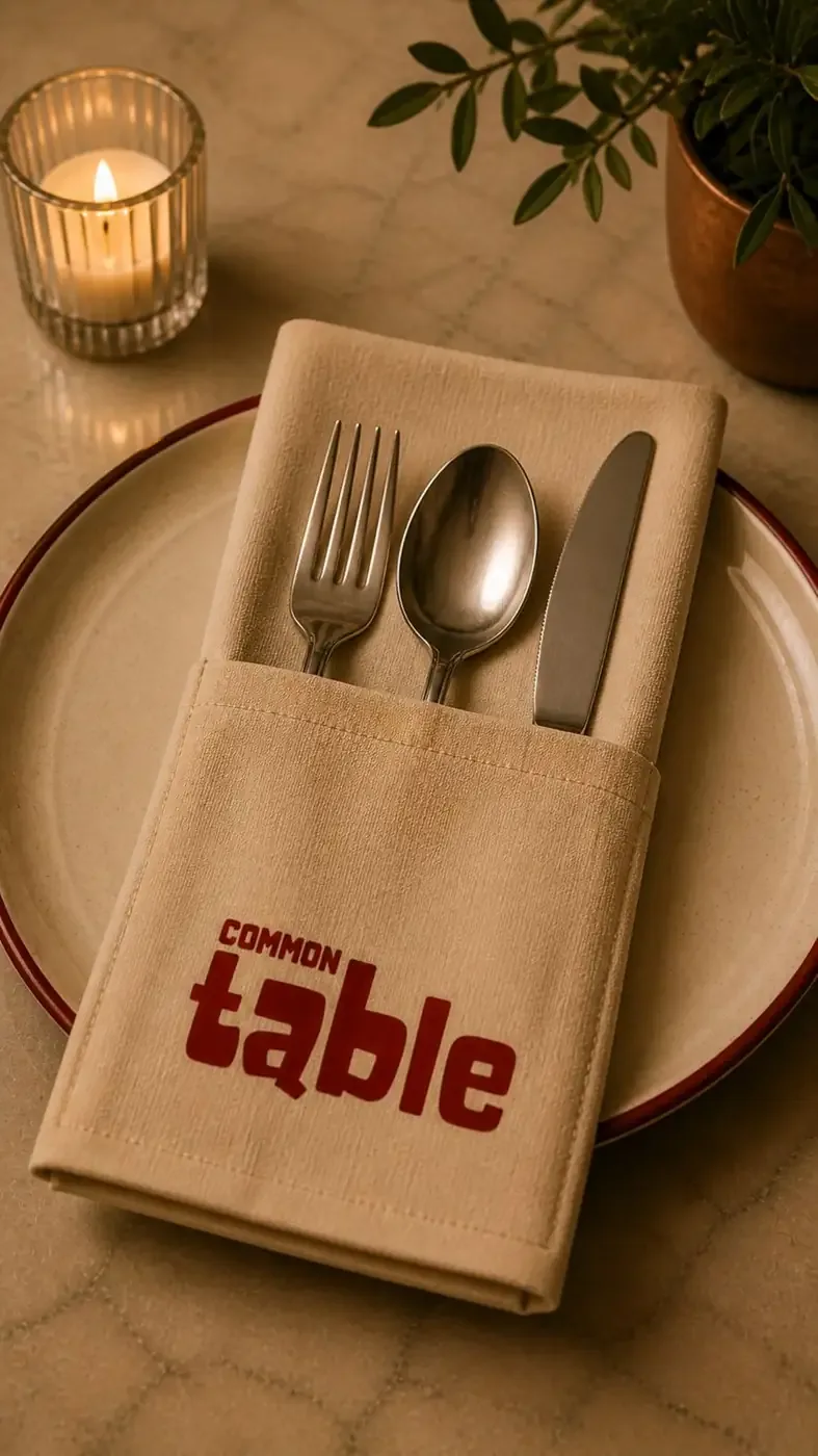 Common Table napkin cutlery pocket on a burgundy-rimmed plate beside a candle