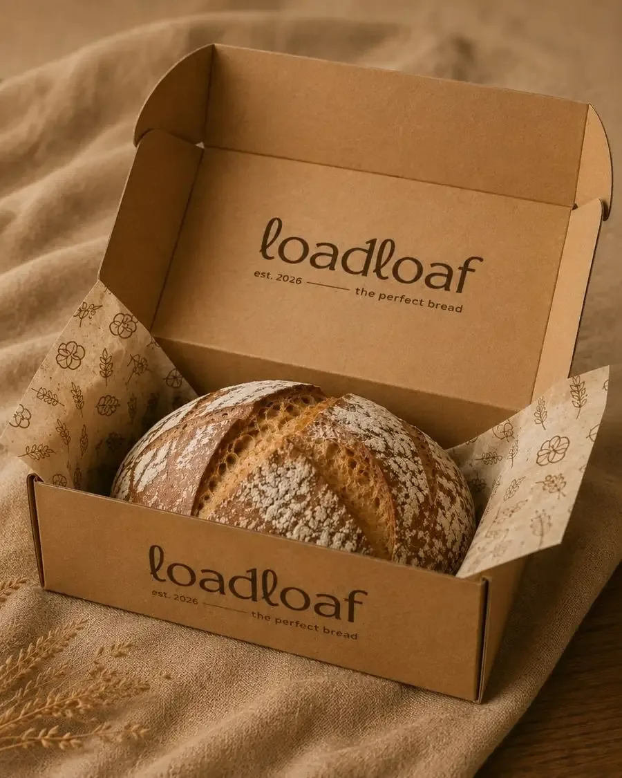 Open kraft bakery box printed with the Loadloaf lockup, holding a sourdough loaf