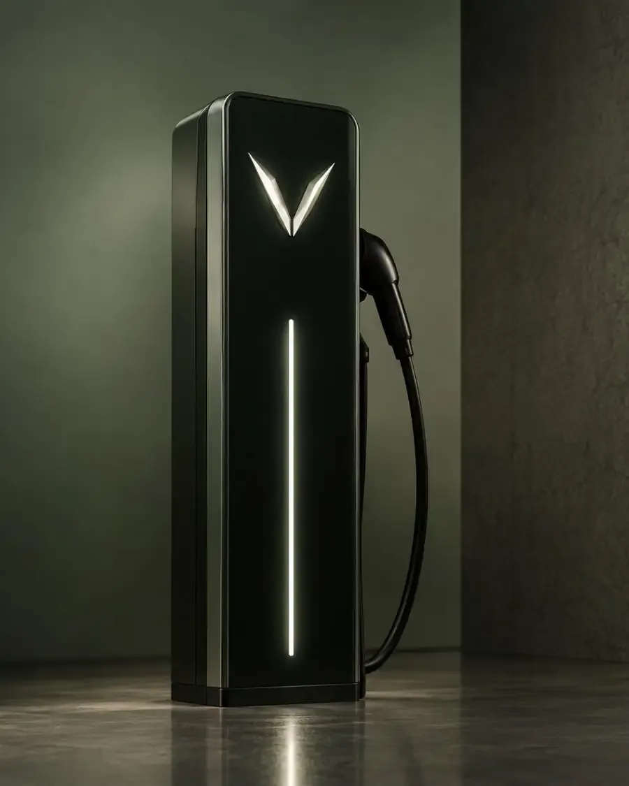Veyra charging station with an illuminated V emblem