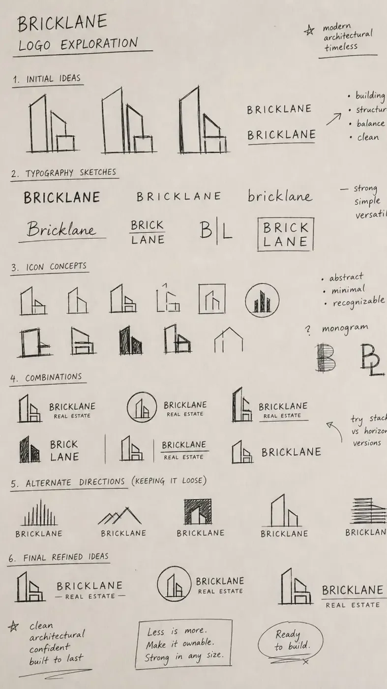 Hand-drawn Bricklane logo exploration sketches