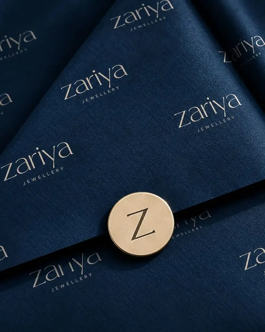 Navy Zariya wrapping with repeat wordmark and a gold Z seal