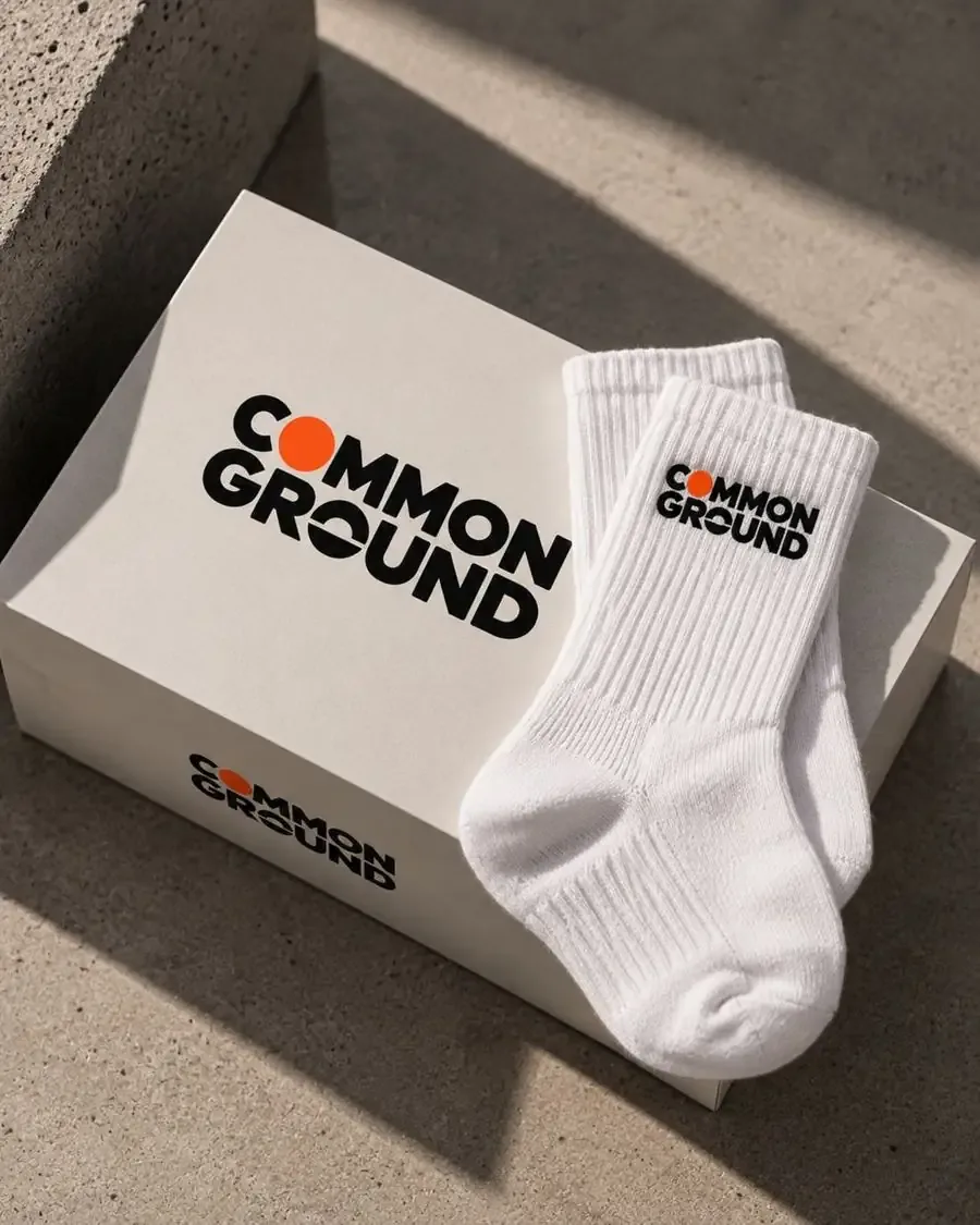 Common Ground shoe box with branded white socks
