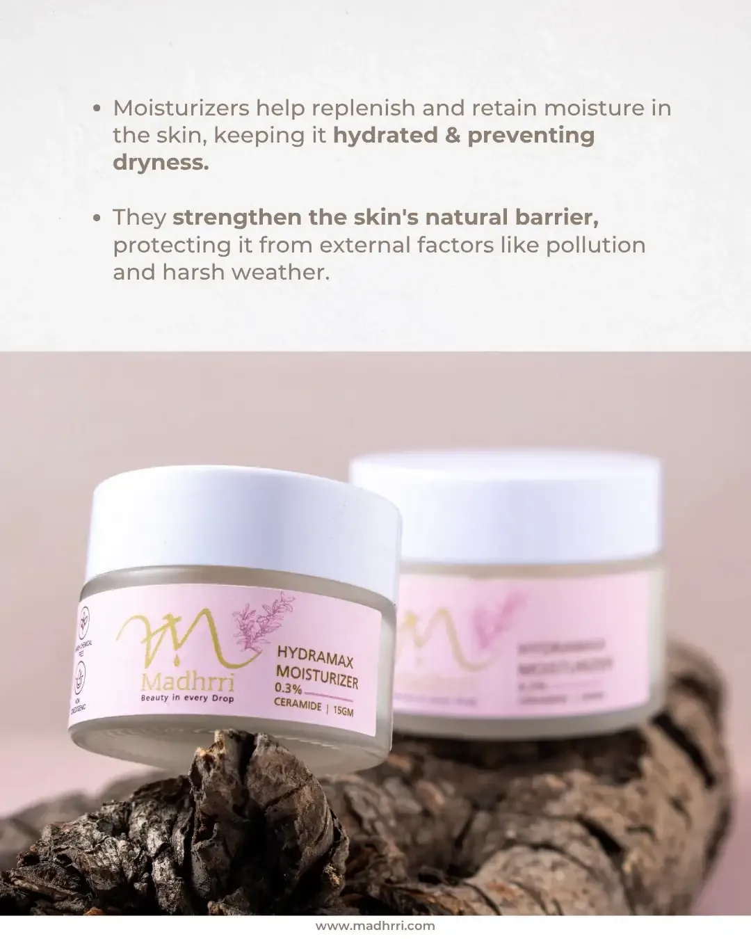 Madhrri Instagram post: Moisturizing carousel slide on hydration and skin barrier