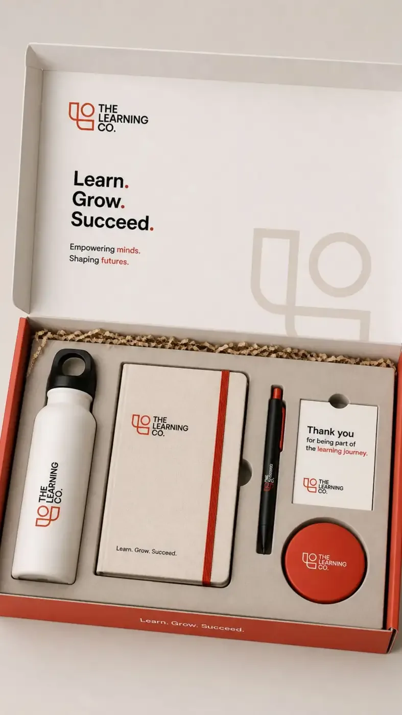 Open Learning Co. notebook with a branded pencil pouch and pen
