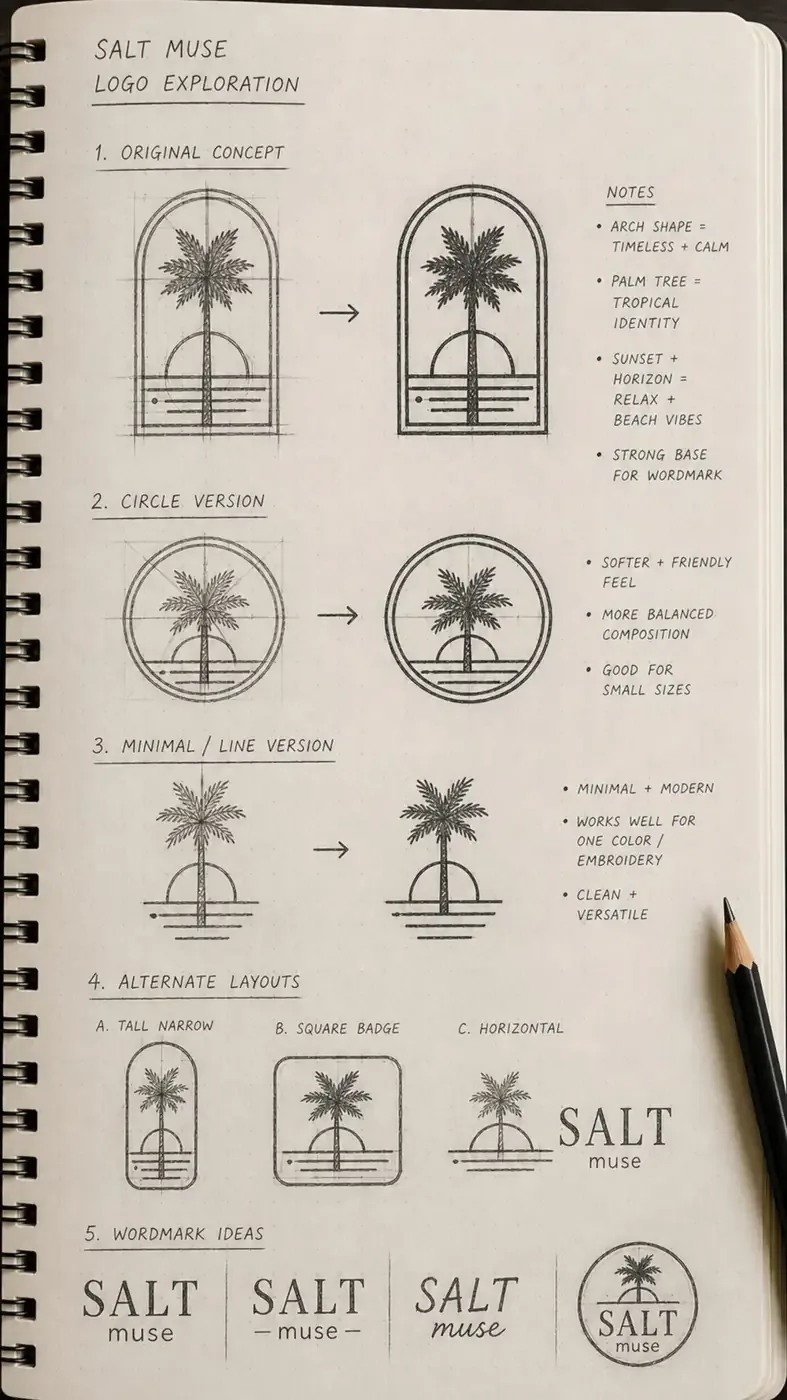 Salt Muse logo exploration sketchbook page with arch, circle, line and badge versions