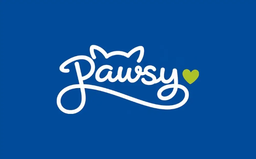 Pawsy logo in white with a lime heart on royal blue