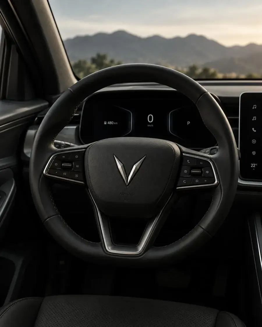 Veyra V emblem on a black steering wheel