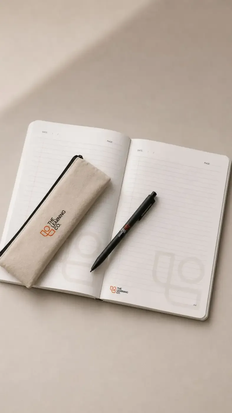 Black notebook, letterhead, coral business card and envelope for The Learning Co.