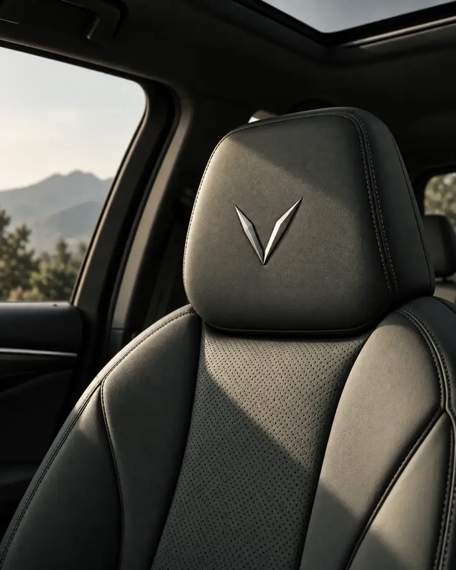 Metallic Veyra V badge on a leather headrest