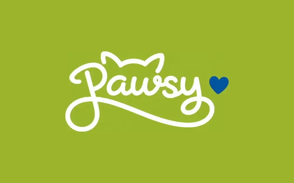 Pawsy logo in white with a blue heart on lime green