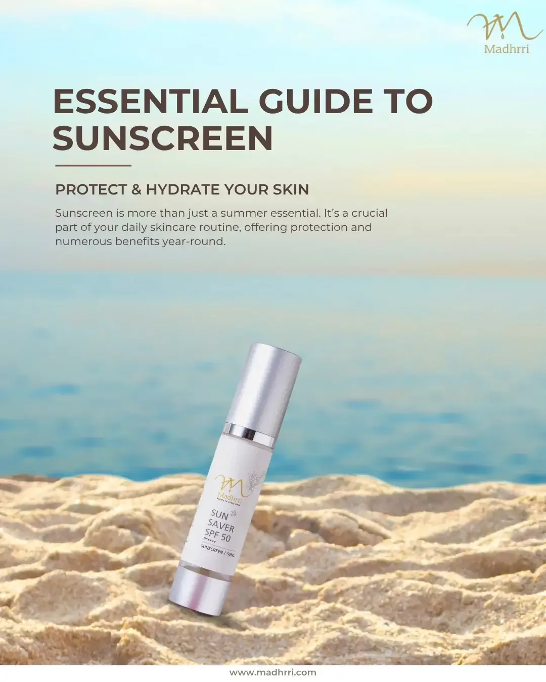Madhrri Instagram post: Essential guide to sunscreen post on a beach