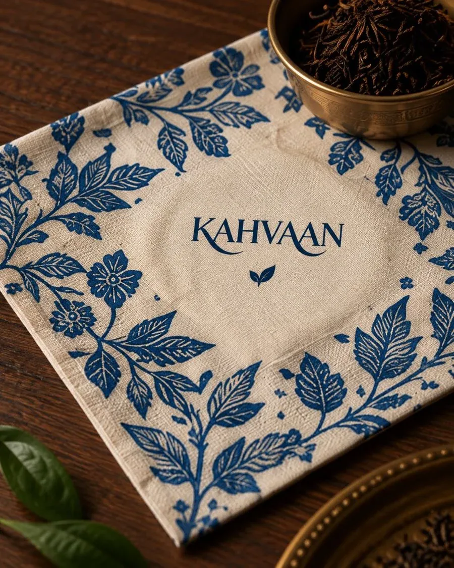 Kahvaan linen wrap with indigo botanical print beside a brass bowl of tea