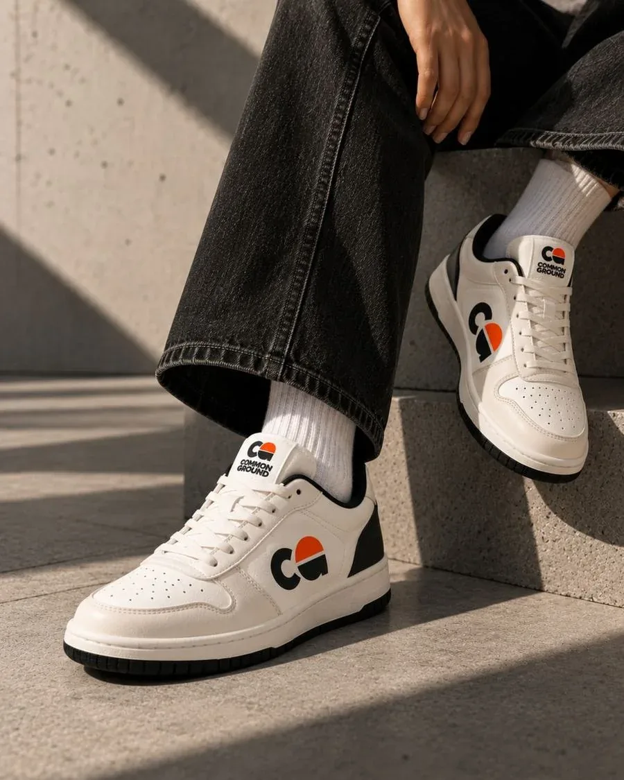 White Common Ground sneakers with black-and-orange logo on concrete steps