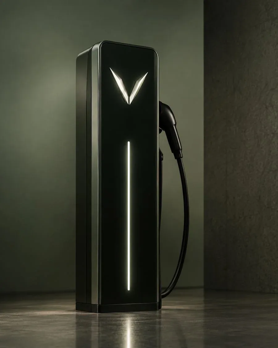 Veyra EV charger with illuminated silver V emblem